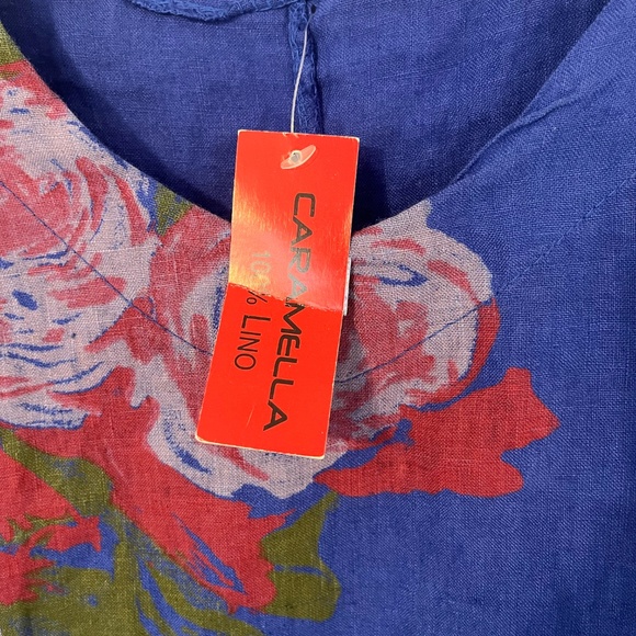 Carmella 100% Linen Tunic Made in Italy Pockets Blue Shirt Floral XXL NWT - Picture 3 of 11